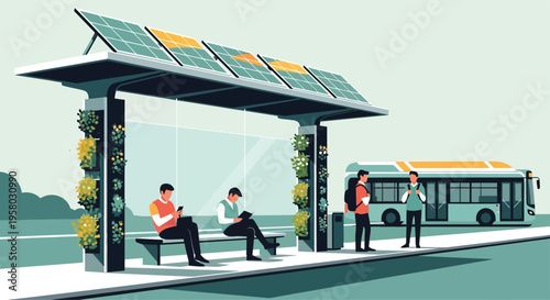 Modern Solar Powered Bus Stop with People Waiting.