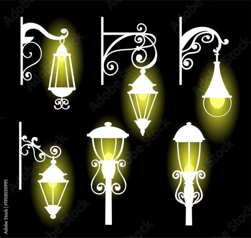 White glowing silhouettes of old street lamps on black background. Town streetlight. Outdoor classic illumination. Lamppost shine. Victorian streetlamp. Vector isolated elements set