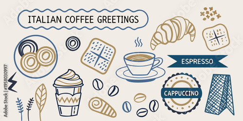 Italian coffee themed illustration with pastries and coffee beans