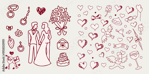 Hand drawn wedding doodles featuring a couple bouquet and romantic symbols