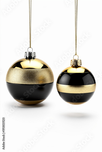 Two Black and Gold Christmas Baubles Hanging on String Shiny Festive Decoration