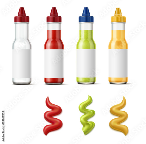 Realistic sauce glass bottles. Full and empty clean 3D containers. Ketchup jar with blank white label. Hot chili or mustard. Squeezed salsa isolated splash. Vector package mockups set