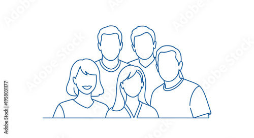 A simple blue line drawing depicts a group of five people standing closely together high quality