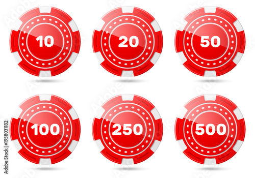 Realistic red plastic casino poker chips with denomination numbers. Token for gambling game. Winning circles. Blackjack betting fortune. Gamble coin. Vector isolated gaming objects set
