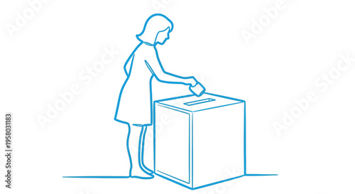 A simple line drawing depicts a woman inserting a ballot into a voting box high quality