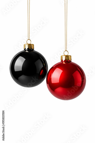 Black and Red Christmas Baubles with Gold String Isolated on White Background