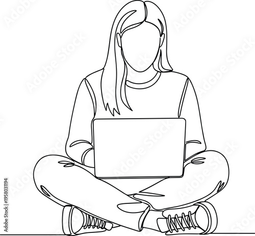 young woman using laptop sitting cross legged line art minimalist illustration remote work online learning freelance digital lifestyle concept
