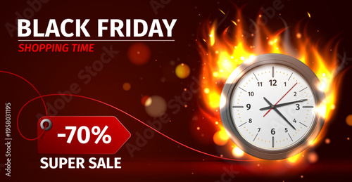 Realistic poster with offer Last minutes and burning clock. Shopping discount. Limited time. Watch dial. Minutes and hours countdown. Marketing promo. Timer deadline. Vector sale banner