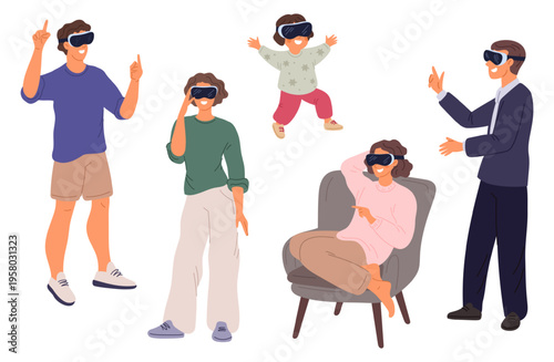 Men, women, and children wearing virtual reality glasses. Digital eyeglasses. Cyberspace goggles. VR and AR simulation. Innovation technology. People use interactive headset vector set