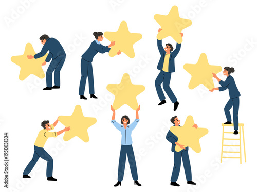 Men and women in business suits holding gold stars. Ranking evaluation. Feedback review. Customer rating. Satisfaction grade. Businessman recommends. Satisfied people poses vector set