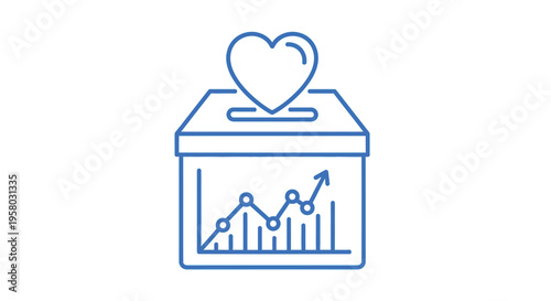 A blue line art illustration depicting a donation box with a heart and growth chart