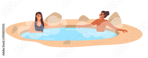 Man and woman relax in hot springs at spa resort. Couple in thermae bath. Thermal pool. People bathing and heating together. Group steaming bathhouse. Wellness procedure. Vector concept