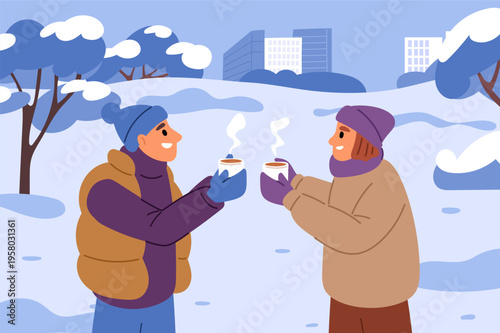 Man and woman in love drink hot beverage outdoors in snowy city park in winter. Cold season vacation. Couple heating with tea. People dating. Friends walking snowdrifts. Vector concept