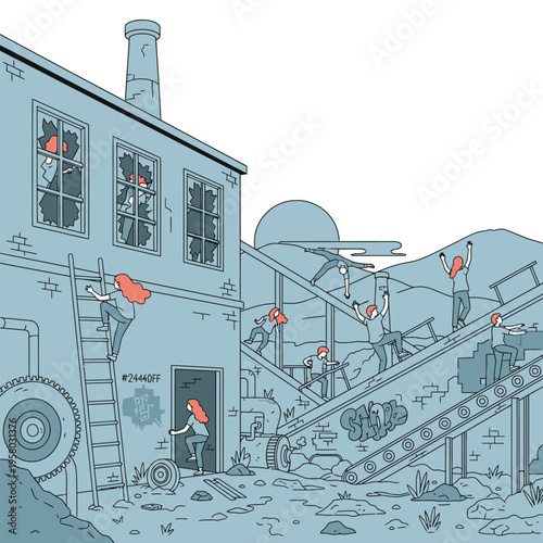 People working in an old abandoned factory.