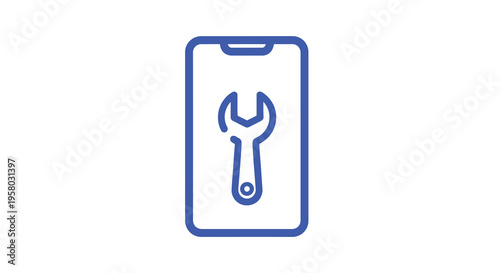 A blue line art illustration depicts a smartphone displaying a wrench icon high quality professional detailed