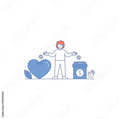 Person Juggling Coins Near Donation Box and Heart Symbol.