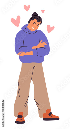 Happy young man hugging himself. Psychological mind health. Inner peace care embrace. Mindfulness and self-esteem. Support cuddle. Vector concept of self love and positive acceptance