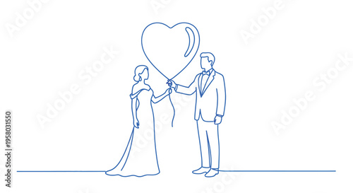 A minimalist line drawing depicts a couple on their wedding day with a heart shaped balloon