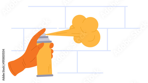 Hand holds spray can and spraying yellow paint on wall. Aerosol painting. Home renovation. Tile repair. Graffiti splash. Pigment splatters flow. Street art and vandalism. Vector concept