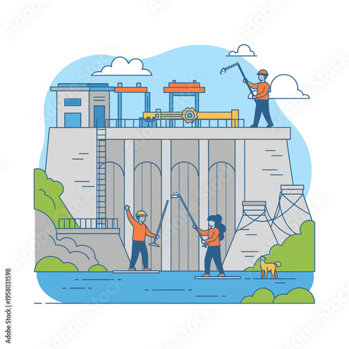 People working on a hydroelectric dam structure.