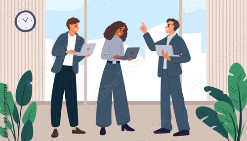 Businesspeople with laptops work and communicate in office. Business communication within team. Businessmen debate. Efficient teamwork. Colleagues collective discussion. Vector concept