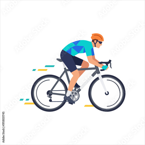 Dynamic illustration of a male cyclist in motion racing on a road bike.