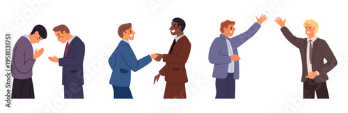 Businesspeople from different countries greet each other. Partners welcome handshakes. Multicultural hand gestures of greetings. Vector set of characters using business communication