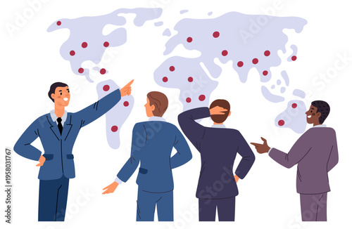 Businesspeople discuss international business development strategies against backdrop of world map. Partners conference. Diplomacy and negotiation. Group communication. Vector concept
