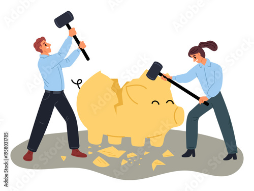 Businessmen break open piggy bank with hammer. Finance needy. Business people smashing moneybox with sledgehammer. Cash savings. Vector concept of financial problems or economy crisis
