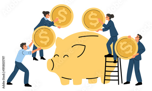 Businessmen and women put gold coins into large piggy bank. People creating investment portfolio. Piggybank safe. Collecting golden dollar in moneybox. Financial deposit. Vector concept