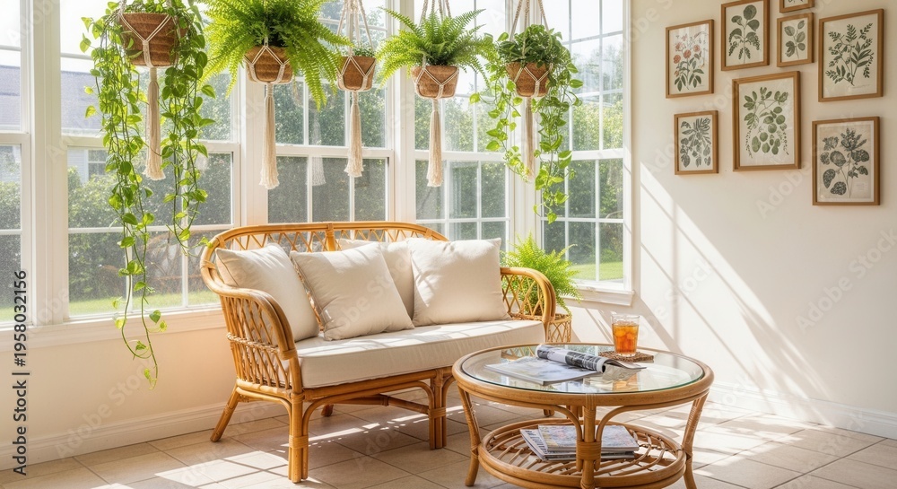 Fototapeta premium Bright Conservatory Oasis With Rattan Furniture And Hanging Plants