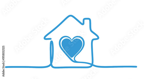 A continuous blue line drawing depicts a house shape with a heart nestled inside high quality