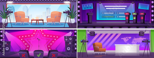 A collection of empty TV show studios with furniture, cameras, screen, stage, and microphone.