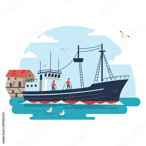 Fishing boat sailing on the sea with seagulls.