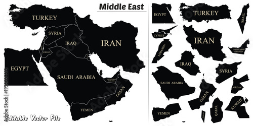 A collection of black silhouettes of Middle Eastern countries including Turkey Iran and Saudi Arabia. This graphic is ideal for educational materials geographical presentations.