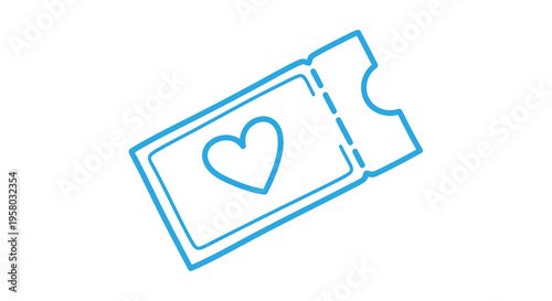 A simple blue line drawing depicts a ticket with a heart shape within it high quality