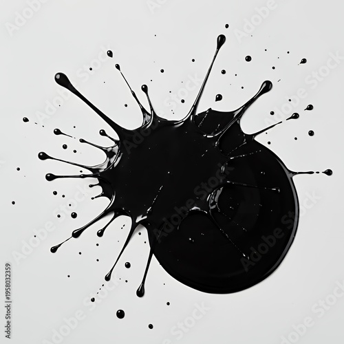 Black Ink Splatter with Dynamic Spikes and Droplets on White Background
