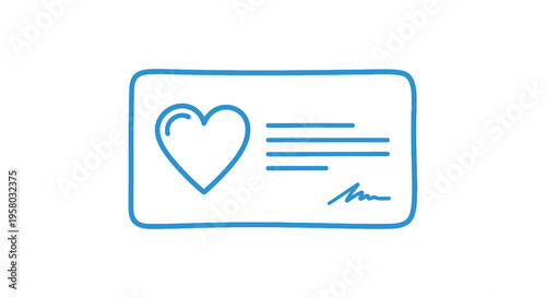 A simple blue line drawing depicts a credit card with a heart and signature high quality