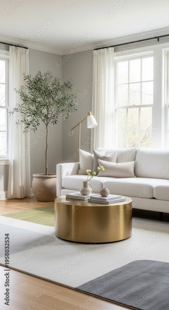 Fototapeta premium Bright Contemporary Living Room With Gold Coffee Table And Modern Decor
