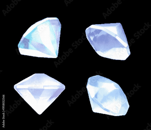 Diamond 3D view from different angles pixel art vector icons set, 8 bit videogame shiny gem stone, crystal glass jewelry
