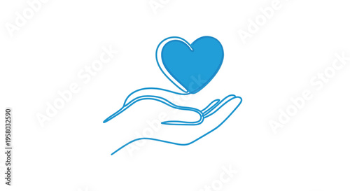 A continuous line drawing depicts a hand gently holding a vibrant blue heart high quality professional