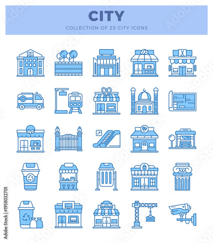 City icons in blue line art on white background. representing urban elements