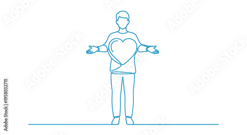 A simple line drawing depicts a person with outstretched arms and a heart symbol high quality