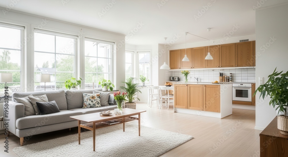 Fototapeta premium Bright Contemporary Open Plan Living Area And Kitchen With Natural Light