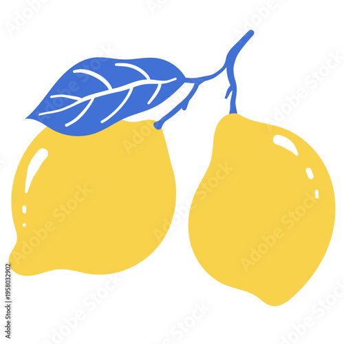 Lemon Branches Vector Set with Citrus Fruits and Leaves in Blue and Yellow Colors. Hand drawn Flat Style Vector Illustrations