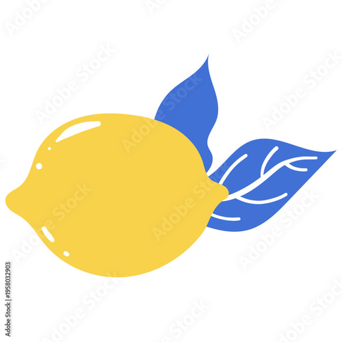 Lemon Fruit Vector with Leaves in Yellow and Blue Colors.  Flat Style Isolated Illustration