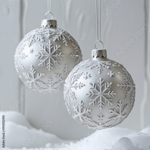 Silver Christmas Balls with Snowflake Pattern on Winter Snow Background - Festive Ornament