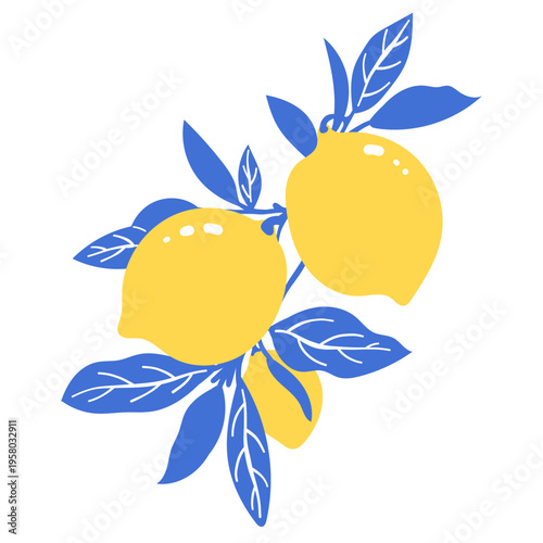 Lemon Branches Vector Set with Citrus Fruits and Leaves in Blue and Yellow Colors. Hand drawn Flat Style Vector Illustrations