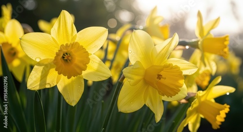 Vibrant yellow daffodils in full bloom under the warm sunlight.
