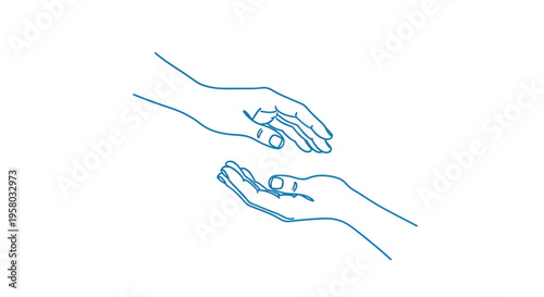 Two hands drawn in simple blue lines one offering to the other in a gesture